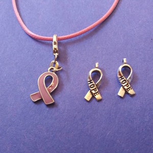 Puede incluir: Un charm de cinta rosa con la palabra "HOPE" escrita en él, colgando de un cordón rosa. También se muestran dos charms de cinta plateada con la palabra "HOPE" escrita en ellos.