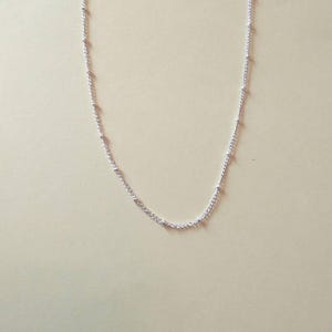 Puede incluir: Un collar de cadena de plata con pequeñas cuentas.