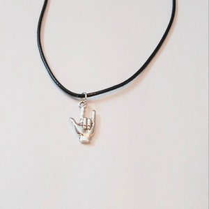 Sign Language I LOVE YOU  Pendant Necklace Black Leather Wax Rope Necklace with Silver Pendant
