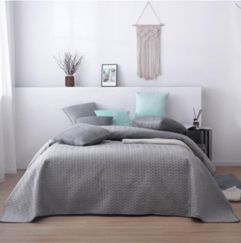 Grey Quilted Bedcover/gray Bedspread/ Velvet & Microfiber / Etsy