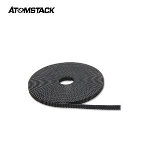 May include: A coiled black rubber timing belt with a toothed edge, partially unrolled. The brand name "ATOMSTACK" is printed in white at the top left. The belt is designed for use in machinery.