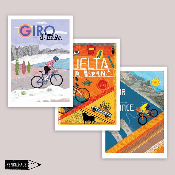 Cycling Art Prints x3, Tour de France, Giro d'Italia en Vuelta a España, Grand Tours wielerwedstrijd kunst aan de muur, Fietsen Poster Art