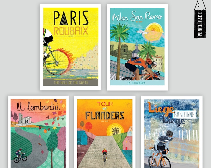 Cycling Art Prints x5, Cycle Monuments, Spring Classic Cycling Races, Paris-Roubaix etc