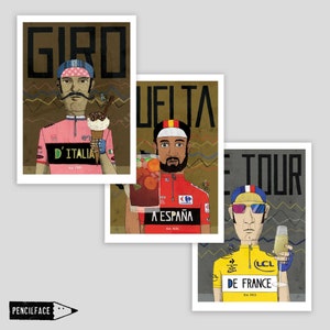 3 impressions d'art sur le cyclisme, Tour de France, Giro d'Italia, Vuelta a Espana, art du cycle Grand Tours - Personnages