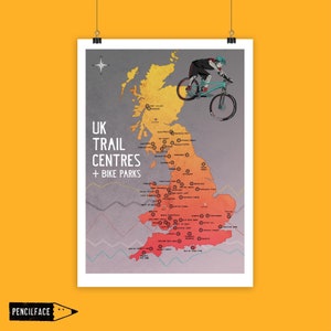 Fietskunstdruk, kaart UK Trail Centre, kaart fietsparken, MTB-poster, mountainbikekunst