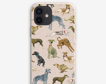 May include: A phone case featuring a repeating pattern of various dog breeds in different poses. The dogs are depicted in a watercolor style with a beige background. The dogs are in shades of brown, gray, and tan, with some wearing collars.