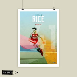 May include: A poster featuring Declan Rice of Arsenal FC. The design includes a photo of the player in a red and white jersey, with his name and team name in large text. The background has abstract shapes and colors.