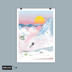 Skiing Art Print: Mountain Illustration, Ski Poster