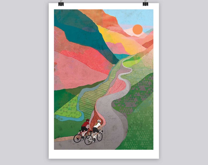 Cycling Couple Art Print, Mountain Pass Cyclists, Couple Cycling in Hills, Cycling Wall Art