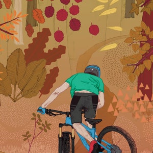 Peut inclure: Une personne portant une chemise verte et un short noir fait du v&eacute;lo de montagne bleu dans une for&ecirc;t. La for&ecirc;t est remplie de feuilles brunes et rouges.