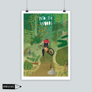 Impressão de arte sobre ciclismo, impressão de mountain bike 'Na floresta', pôster de MTB, arte de parede para mountain bike