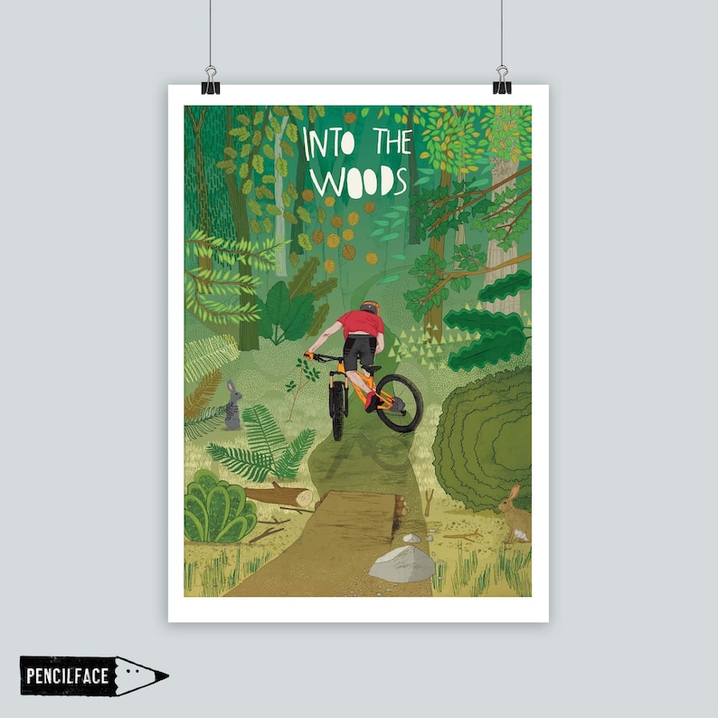 Mountain bike art poster print woodland