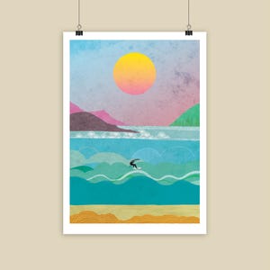 Surfing art print,  Surf Wall Art, Surfer Art Gift, Surfing Sunset Poster