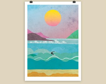 Surfing Sunset Art Print: Inspirational Wave Illustration