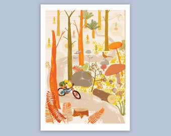 Impresión artística de bicicleta de montaña: Ilustración de ciclismo en el bosque, arte mural de ciclismo