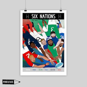 Könnte beinhalten: Eine farbenfrohe Illustration eines Rugby-Gedränges mit Spielern aus sechs verschiedenen Teams. Die Teams sind England, Frankreich, Irland, Italien, Schottland und Wales. Der Text "H SIX NATIONS H EST 1883" befindet sich oben im Bild.