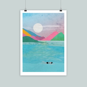 Wild swimming art print, wild swim poster, night swim, swimming poster art, art print gift