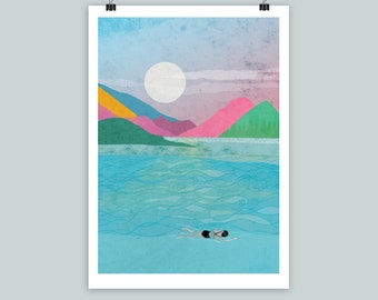 Wild swimming art print, wild swim poster, night swim, swimming poster art, art print gift