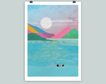 Wild Swimming Art Print: Moonlight Night Landscape