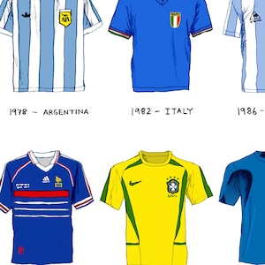 May include: A collage of football shirts from different World Cup winning teams. The shirts are from Argentina 1978, Italy 1982, France 1998, Brazil 2002, and Spain 2010.