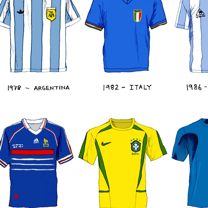 May include: A collage of football shirts from different World Cup winning teams. The shirts are from Argentina 1978, Italy 1982, France 1998, Brazil 2002, and Spain 2010.