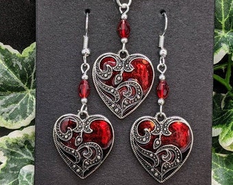 Stunning Gothic Deep Red Love Heart Necklace & Earrings with Glass Crystal Beads - Available as a set or separates