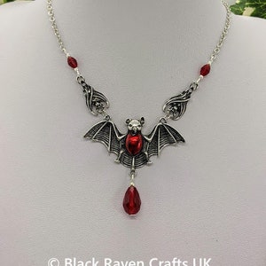 Stunning Gothic Vampire Bat Necklace or Earrings with Red Teardrop and Cut Glass Olive Beads - Available as Separates