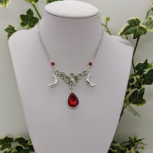 Red or Black - Triple Goddess Pagan Crescent Moon Crystal Drop Necklace