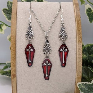 Gothic Vampire Bat with Red Coffin Crucifix Necklace and Earrings Set