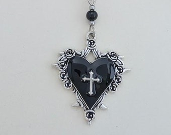 Black Gothic Heart Necklace with Cross –Alternative Goth Jewellery