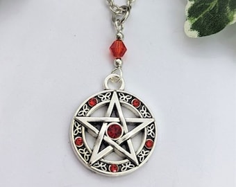 Gothic Witchcraft Pentacle Necklace, Pagan Occult Amulet, Red or Black Glass Crystal Detail Pendant