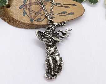 Witch's Cat Necklace: Antique Silver Tone Pendant, Witchy Gothic Jewellery.