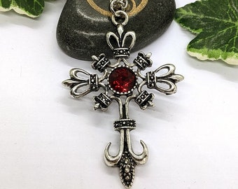 Gothic Cross Crucifix Necklace -  Antique Silver with Faceted Red Cabochon