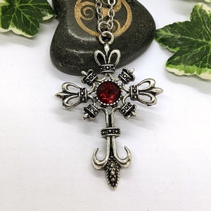 Gothic Cross Crucifix Necklace -  Antique Silver with Faceted Red Glass Crystal Cabochon