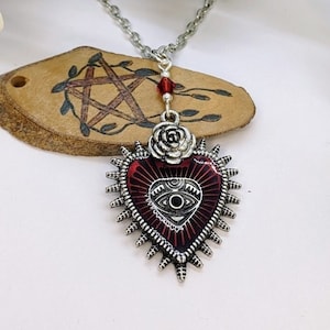 Gothic Sacred Heart with Protective Eye Necklace - Red or Black Bead