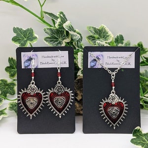 Gothic Sacred Heart with Protective Eye Necklace & Earrings Set  - Red or Black Bead