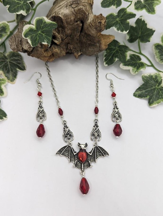 Gothic Vampire Bat Necklace and Earrings Set - Red Glass Crystal Beads & Drop - Alternative Jewellery Gift