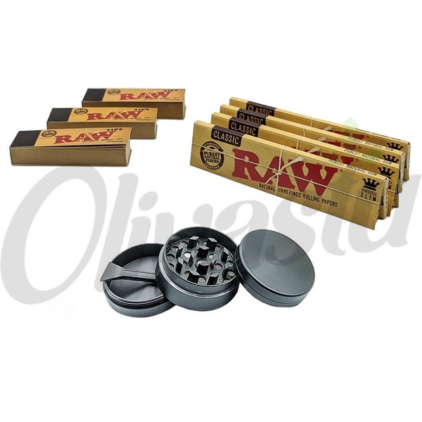 4 x RAW King Size Rolling Papers + 3 x Tips+ Metal 3 Part Tobacco Grinder Gift Set
