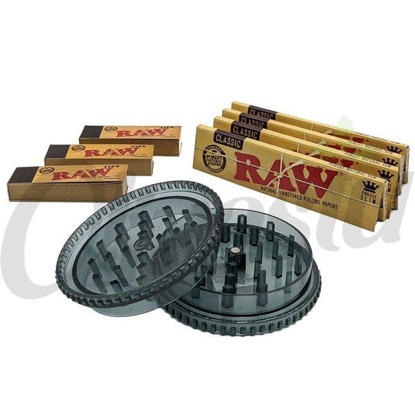 4 x RAW King Size Rolling Papers + 3 x Tips+ 2 Part Tobacco Grinder Gift Set