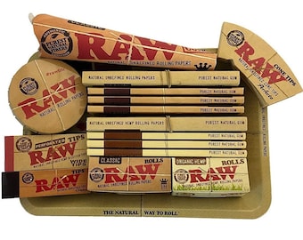 RAW Mini Rolling Tray & Papers Gift Set with Cones, Papers and Tips Bundle Set