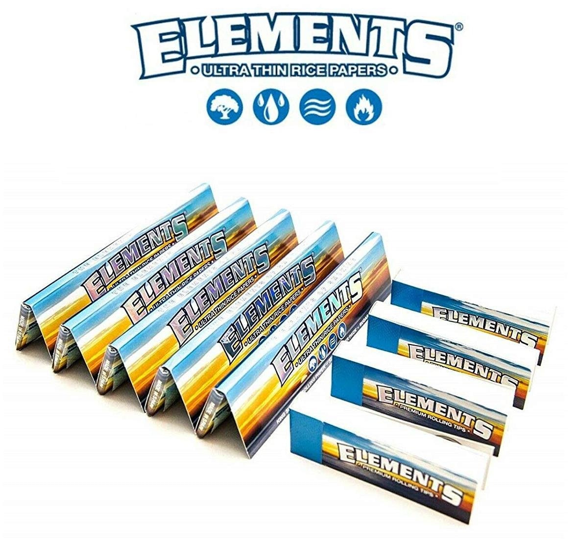 Elements King Size Slim Rolling Papers, Skins, Raw Rizla (5 Booklets +  4 Tip Packs)