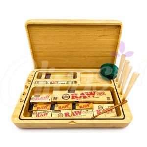 RAW SPIRIT BOX - Wooden Rolling Tray Box with Cones, Papers and Tips Bundle Set