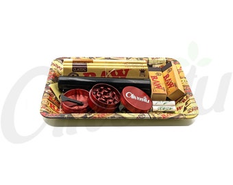 Kit regalo vassoio per rollare medio piccolo crudo, set regalo, macinino con punte organiche classiche crude