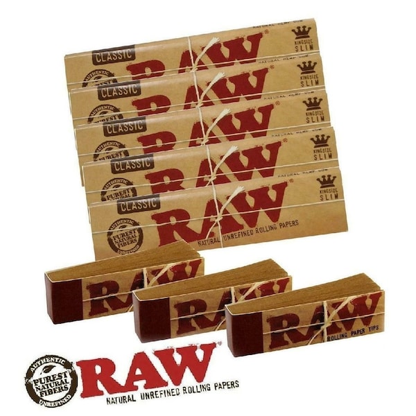 5 x Raw Classic King Size Slim Rolling Paper Booklets with 3 x Raw Tips