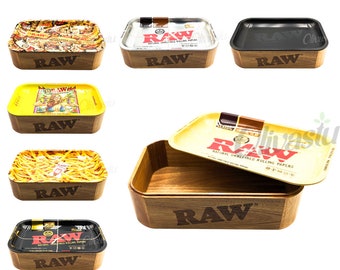 RAW Cache Box with RAW Metal Rolling Tray Medium Wooden Storage Limited Edition