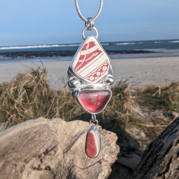 Pink sea glass, sea pottery and recycled sterling silver statement necklace featuring rare Seaham multi.Hallmarked.