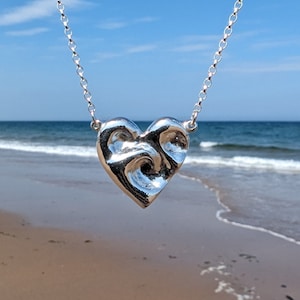 Ocean Love Heart Wave Pendant, Ocean Inspired Silver Jewellery, Hallmarked