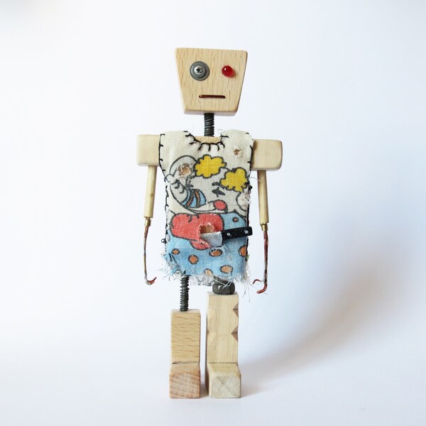 Wooden figurine robot shirt, Steampunk robot.