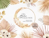 Watercolor Boho floral dried clipart, Modern Pampas grass clipart and Dried palm leaf clipart, Bohemian frames and pampas wreath PNG
