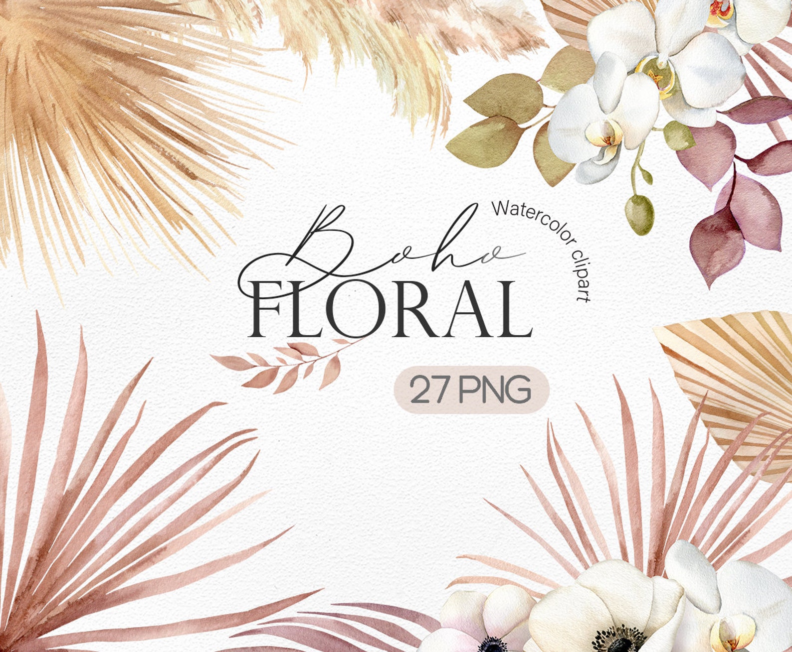 Watercolor boho floral clipart Pampas grass clipart Orchid | Etsy